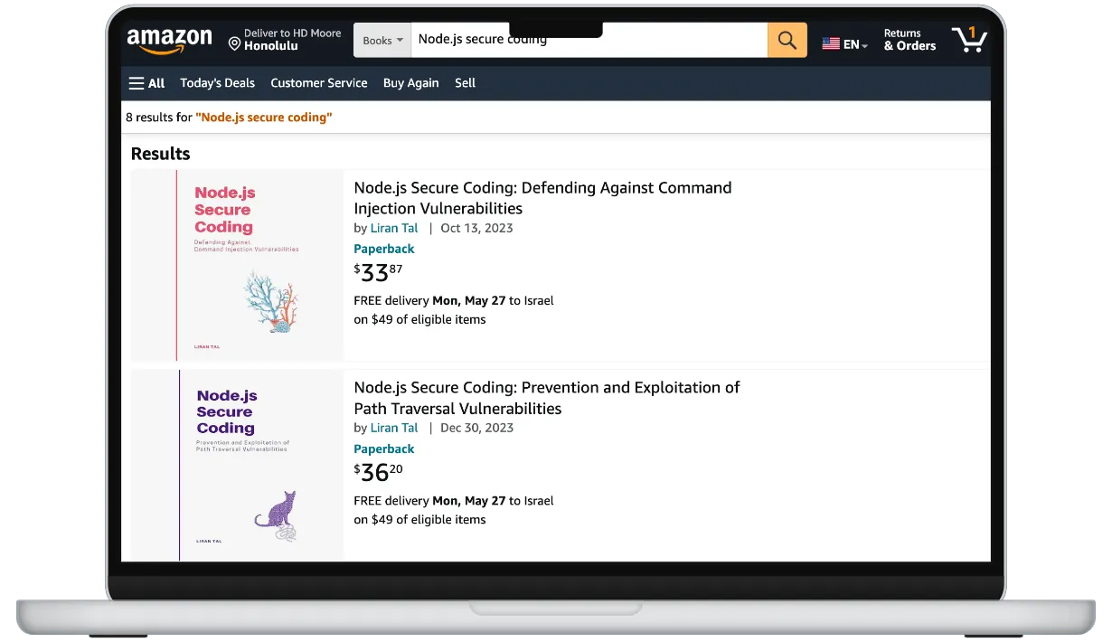 Amazon book search results lists Liran Tal Node.js Secure Coding books