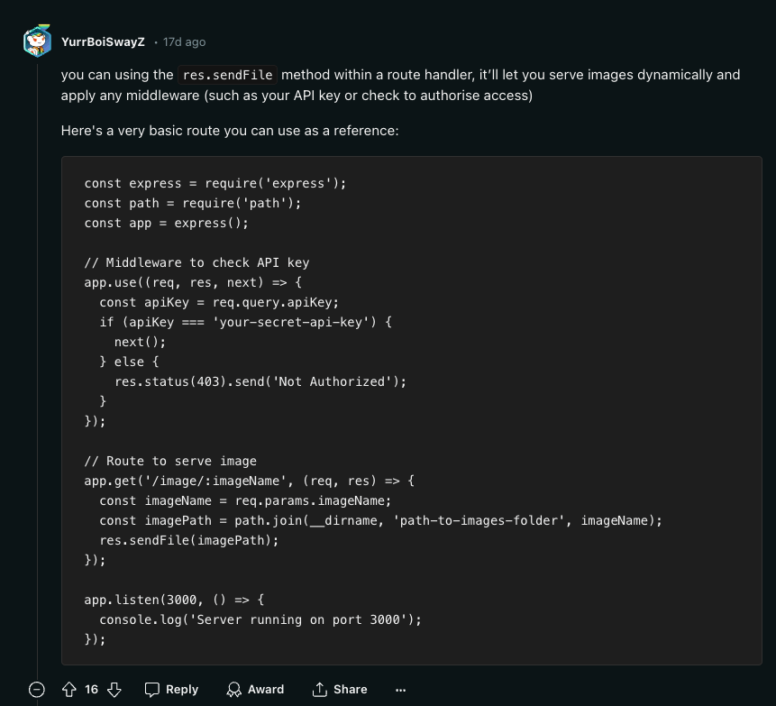 An Express Node.js code to serve static files via a programmatic route handler