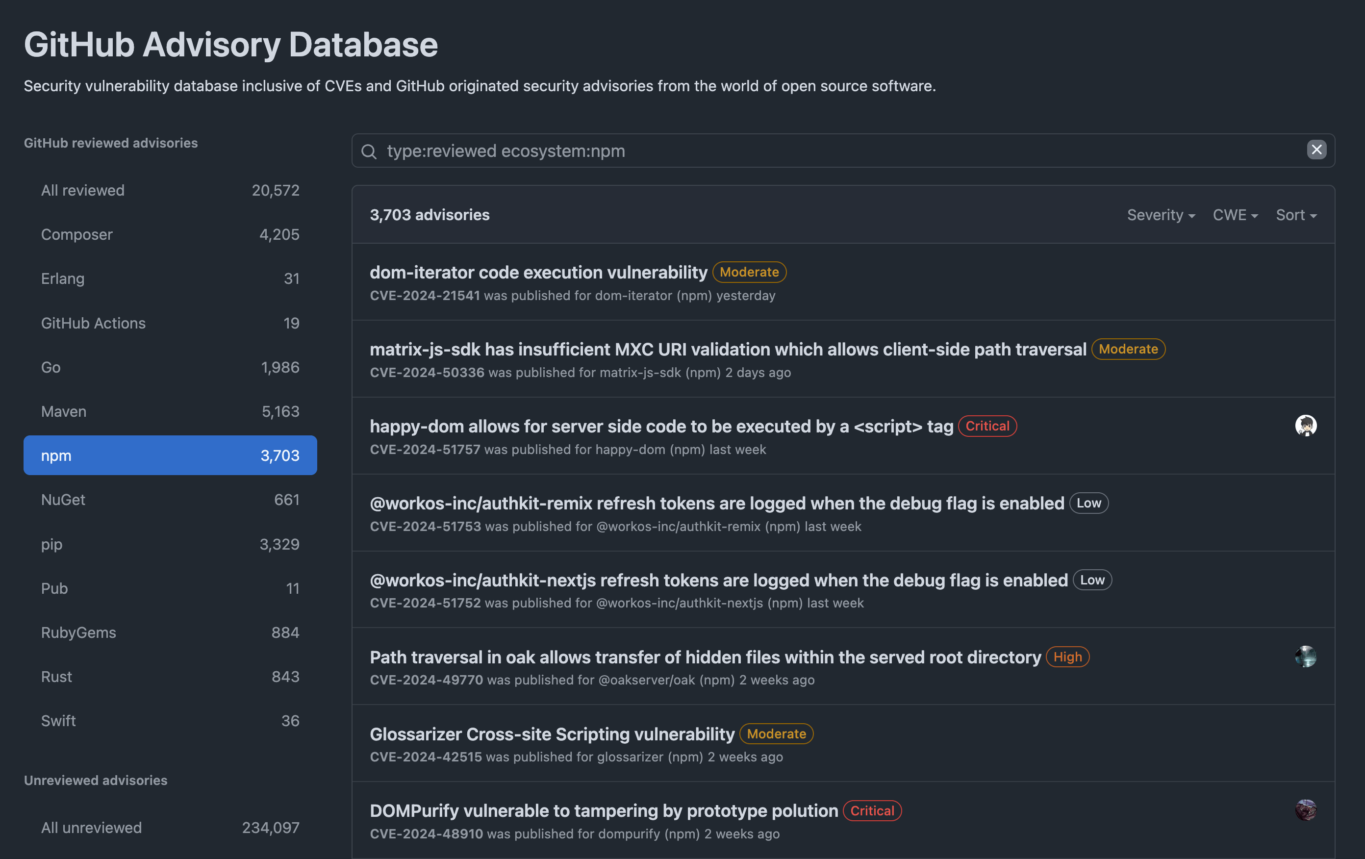 GitHub Security Advisories for npm vulnerabilities