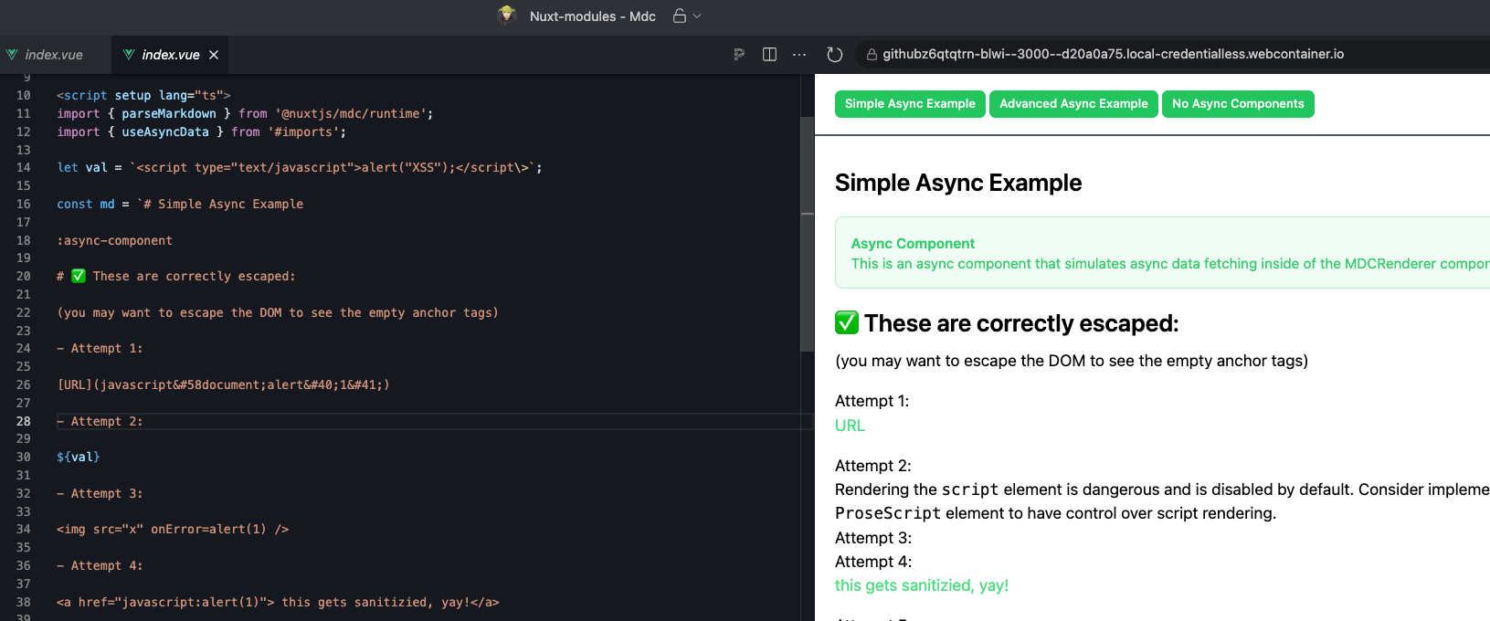 nuxt mdc example async markdown component test for XSS