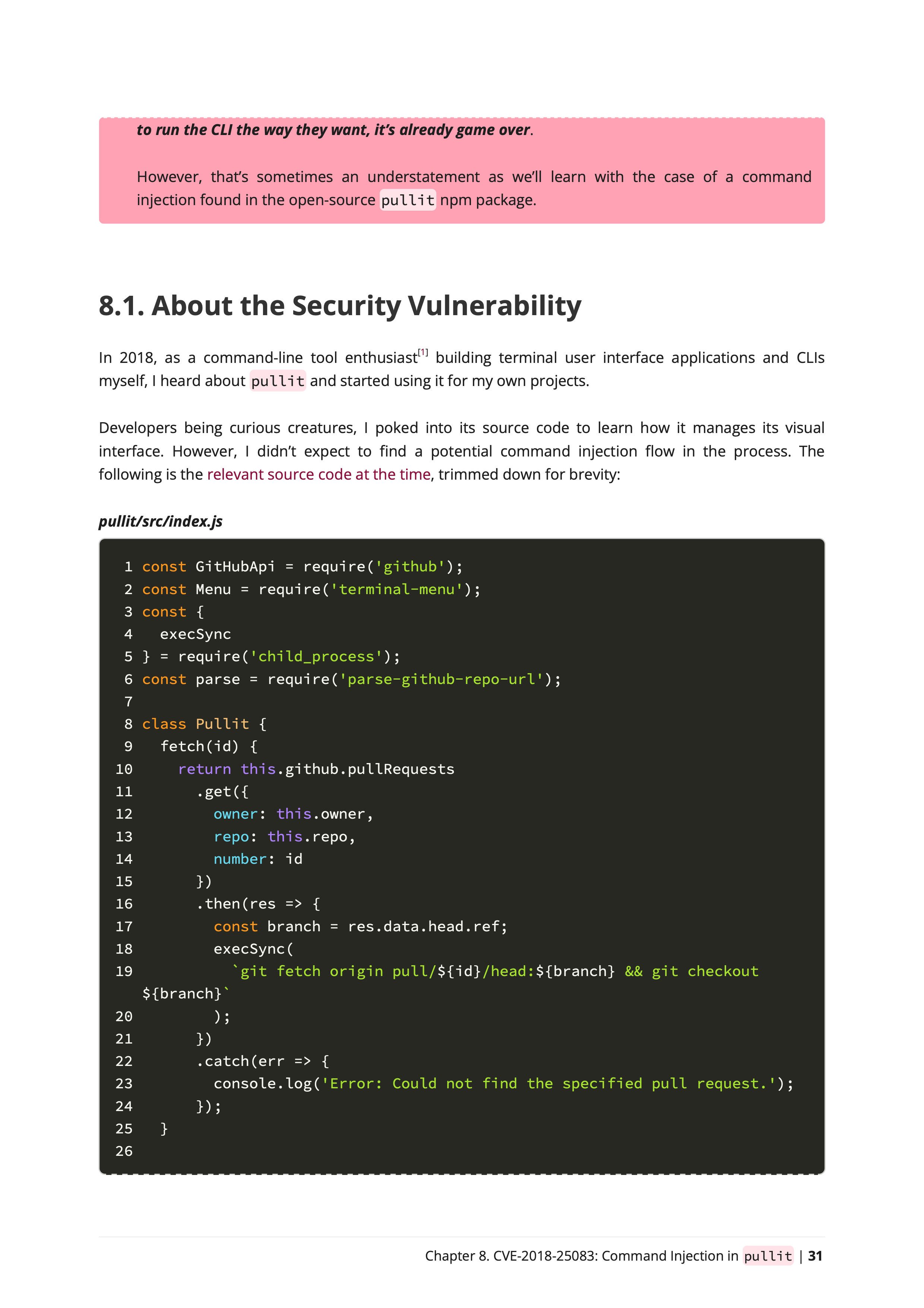 Command injection book sample page of the pullit npm package found vulnerable to command injection